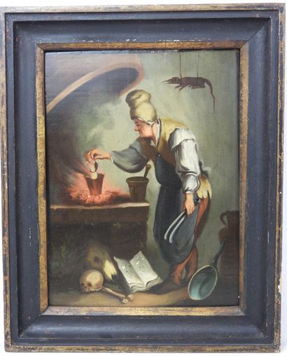 null School of the XIXth century : The alchemist and the scientist. Pair of oils...