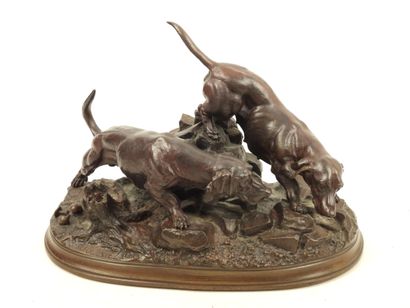 null Jules MOIGNIEZ (1835-1894): Two bassets on the track. Antique proof in bronze...