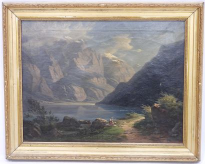 null Gottlieb BION (1804-1876): Lake and mountain landscape. Oil on canvas. Signed...