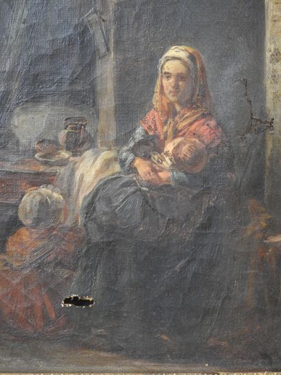 null Ecole FRANCAISE du XIXème siècle: Femme et enfants près de la cheminée. Huile...