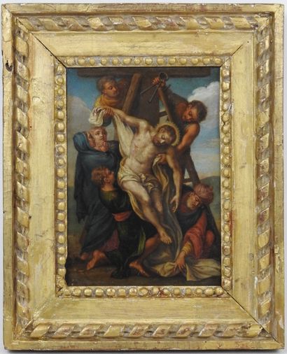 null 
French school of the XVIIIth century. Descent from the cross. Oil on copper....