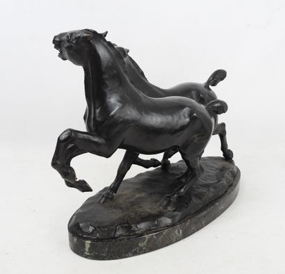 null A. BOING (XIX-XXth century). Two horses galloping. Proof in bronze with black...