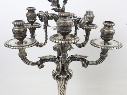 null A PAIR OF SILVERED BRONZE CANDELABRES with six arms of light decorated with...