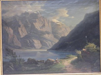 null Gottlieb BION (1804-1876) : Paysage de lac en montagne. Huile sur toile. Signé...