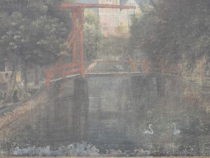 null Ecole FRANCAISE du XIXème siècle: Cours d'eau devant l'église. Huile sur toile....