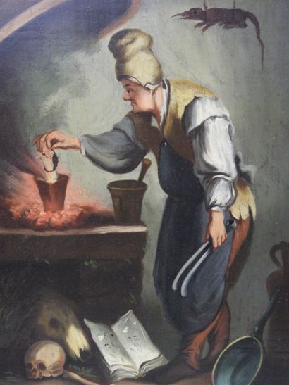 null Ecole du XIXème siècle : L'alchimiste et le savant. Paire d'huiles sur panneau....