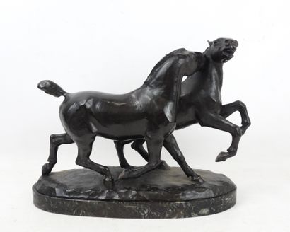 null A. BOING (XIX-XXth century). Two horses galloping. Proof in bronze with black...