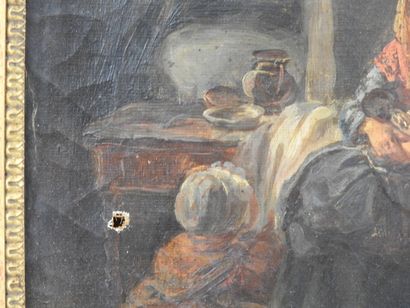 null Ecole FRANCAISE du XIXème siècle: Femme et enfants près de la cheminée. Huile...