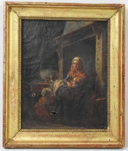 null French school of the XIXth century: Woman and children near the fireplace. Oil...