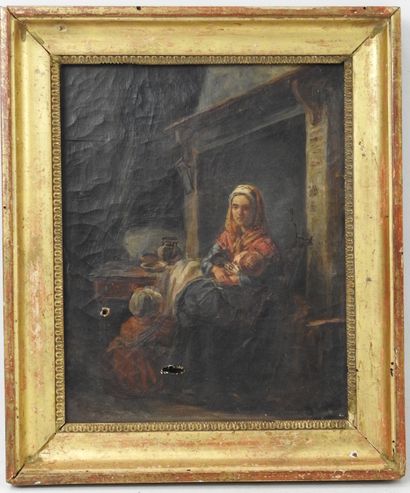 null French school of the XIXth century: Woman and children near the fireplace. Oil...
