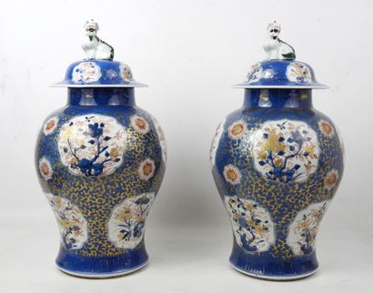 null 
CHINA: A pair of covered porcelain vases decorated in blue underglaze, iron...