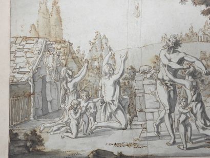 null NEOCLASSIAN SCHOOL: mythological scene. Ink and wash. 19 x 33 cm. (Hole, stains...