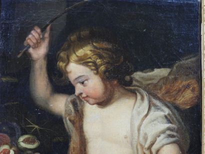 null 17th century FLEMISH school: Angelot on entablature. Oil on canvas. (fragment)....