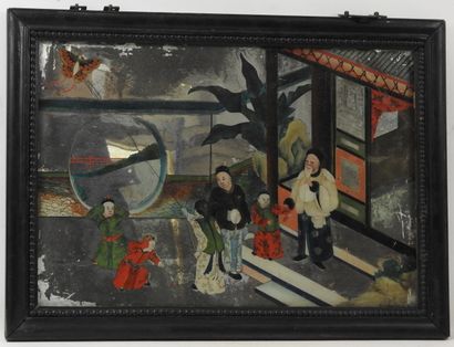 null CHINA - XIXth century. Fixed under glass representing children playing with...