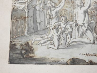 null NEOCLASSIAN SCHOOL: mythological scene. Ink and wash. 19 x 33 cm. (Hole, stains...