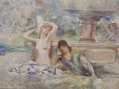 null Italian characters near a fountain. Important oil on canvas (sketch). Unsigned....