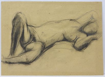 null Marcel HOMS (1910-1995) : Etude de femme nue couchée. Dessin et fusain. Signé...