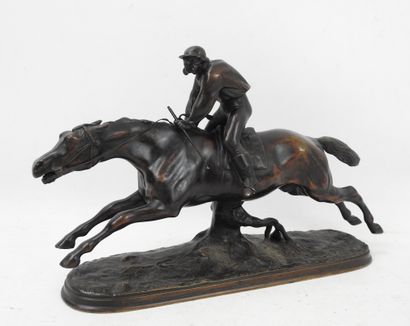 null Alfred BARYE (1839-1875). Jockey in a race. Proof in bronze with brown patina....