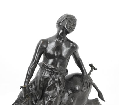 null Paul AICHELE (1859-1910) : Young Egyptian on a donkey. Bronze group with brown...