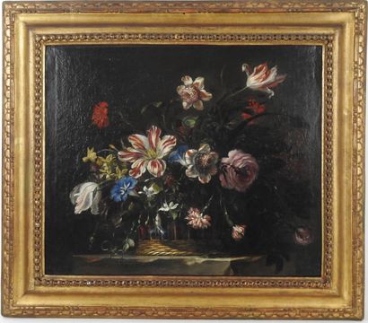 null Attributed to Nicolas BAUDESSON (1611-1680) : Basket of flowers on an entablature....
