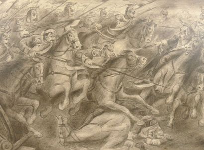 null FRIEHR.FIETZ . Dessin à la mine de plomb "Combat de cavalerie entre uhlans et...