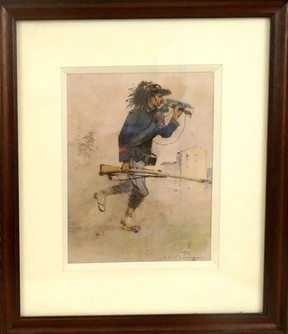 null 
"Le bersaglier", dessin à la plume rehaussé à l'aquarelle, SBD, daté 1912,...