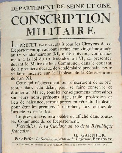 null AFFICHE. Conscription militaire , département de Seine et Oise, le 14 fructidor...