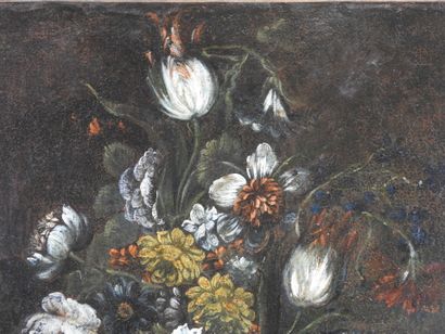 null ITALIAN SCHOOL of the XVIIIth century: Flowers in a basin. Oil on canvas. 66...