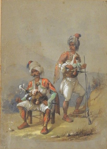 null Jean BRINDESI (1826-1888) : Deux bachibouzouks armés et enturbannés dans un...