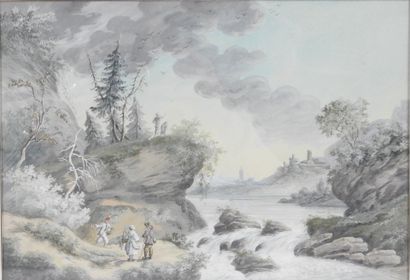 null Ecole SUISSE de la fin du XVIIIème siècle: Personnages devant paysage à la cascade....