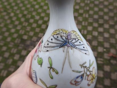 null 
CHINE - Début XXe siècle : Paire de vases bouteilles à col évasé en porcelaine...