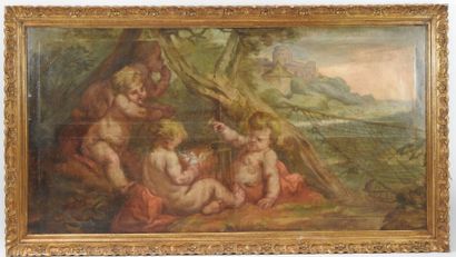 null Ecole du XIX ème siècle. Enfants piégeant des oiseaux. Huile sur toile. 65 x...