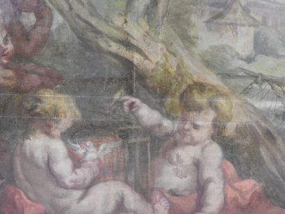 null Ecole du XIX ème siècle. Enfants piégeant des oiseaux. Huile sur toile. 65 x...