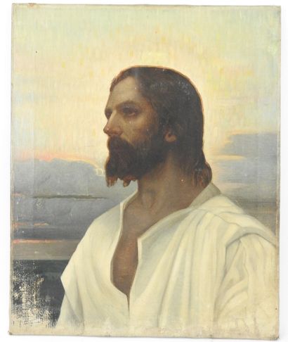 null Ecole FRANCAISE du XIXème siècle. Portrait du Christ. Huile sur toile. 62 x...