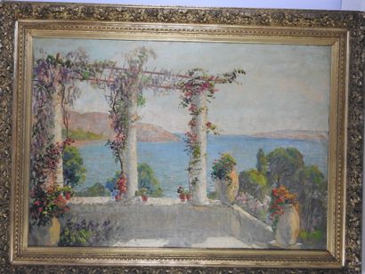 null Pierre FOREST (1881-1971). : Balcon sur la mer méditerranée. Huile sur contreplaqué....