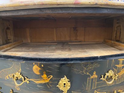 null A COMMODE with gold varnish decoration of lacustrian landscapes animated with...