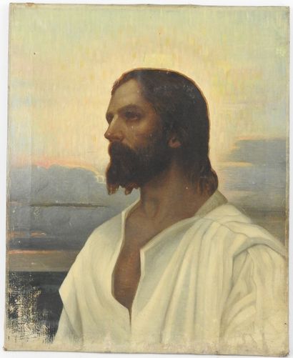 null Ecole FRANCAISE du XIXème siècle. Portrait du Christ. Huile sur toile. 62 x...