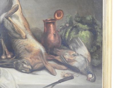 null Léon BRARD (1830-1902) : Nature morte au lièvre et à la perdrix rouge. Huile...