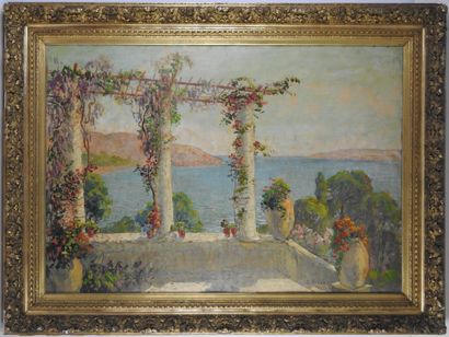 null Pierre FOREST (1881-1971). : Balcon sur la mer méditerranée. Huile sur contreplaqué....