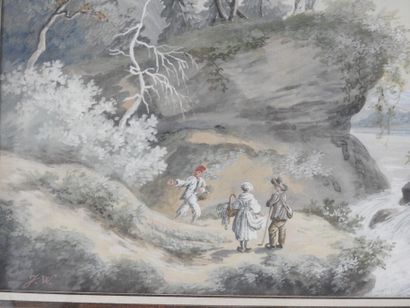 null Ecole SUISSE de la fin du XVIIIème siècle: Personnages devant paysage à la cascade....