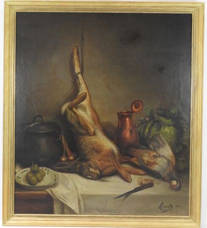 null Léon BRARD (1830-1902) : Nature morte au lièvre et à la perdrix rouge. Huile...