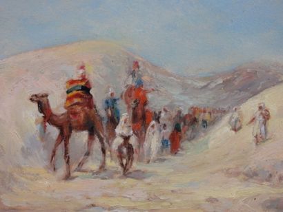 null Emile BOIVIN (1846-1920) : Caravane traversant le désert. Huile sur panneau....