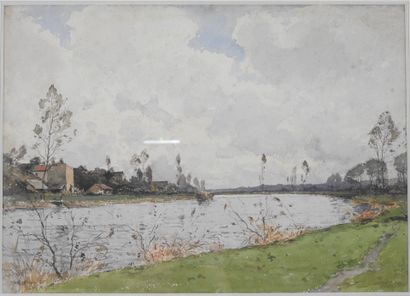 null Paul LECOMTE (1842-1920): Village en bord de fleuve. Aquarelle. Signé en bas...