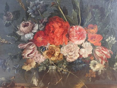 null In the taste of Jan David de HEEM: Vase of flowers on an entablature with light...