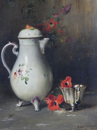 null Joseph BAIL (1862-1921): Still life with a coffee pot. Oil on panel. Signed...