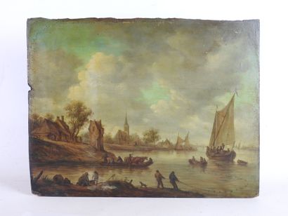 null Jan VAN GOYEN (in the taste of): Lively scene at the edge of a river. Oil on...