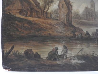 null Jan VAN GOYEN (in the taste of): Lively scene at the edge of a river. Oil on...
