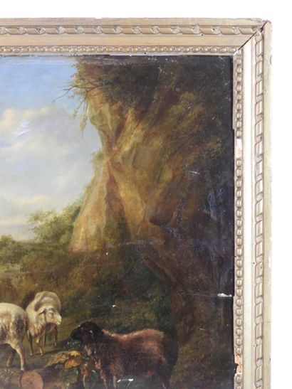 null XVIIIth century FLEMISH SCHOOL: Sheep resting near the rocks. Oil on parquet...