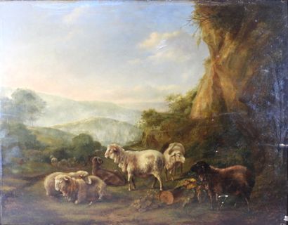 null XVIIIth century FLEMISH SCHOOL: Sheep resting near the rocks. Oil on parquet...