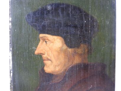 null After Hans HOLBEIN: Portrait of Erasmus. Oil on panel. Label on the back. 25...